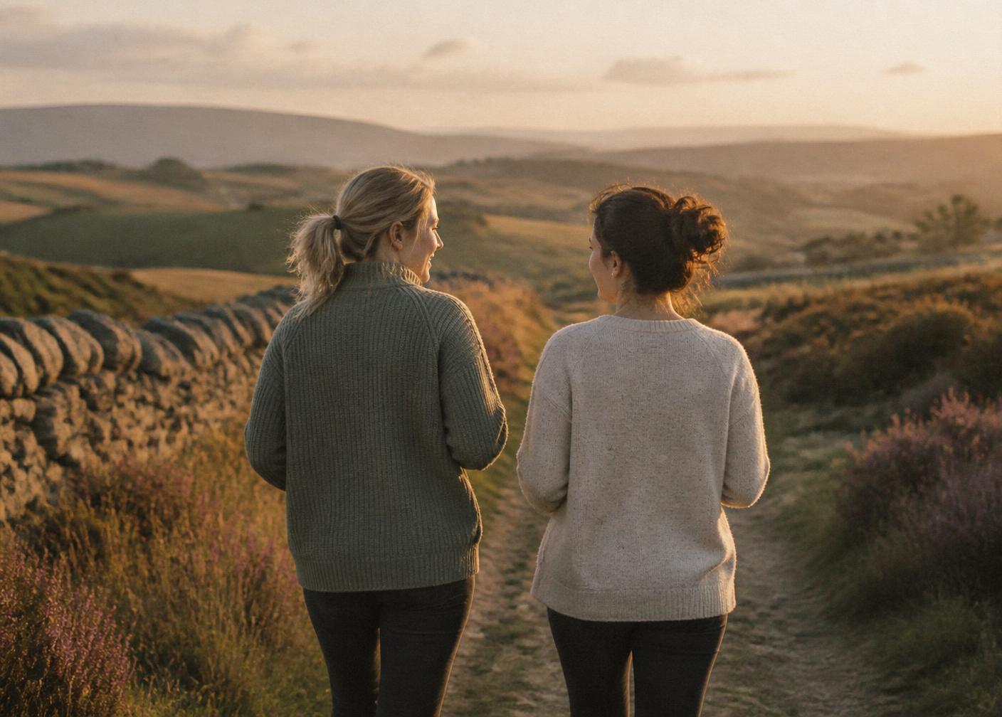 Two women walking together through Northumberland countryside at golden hour