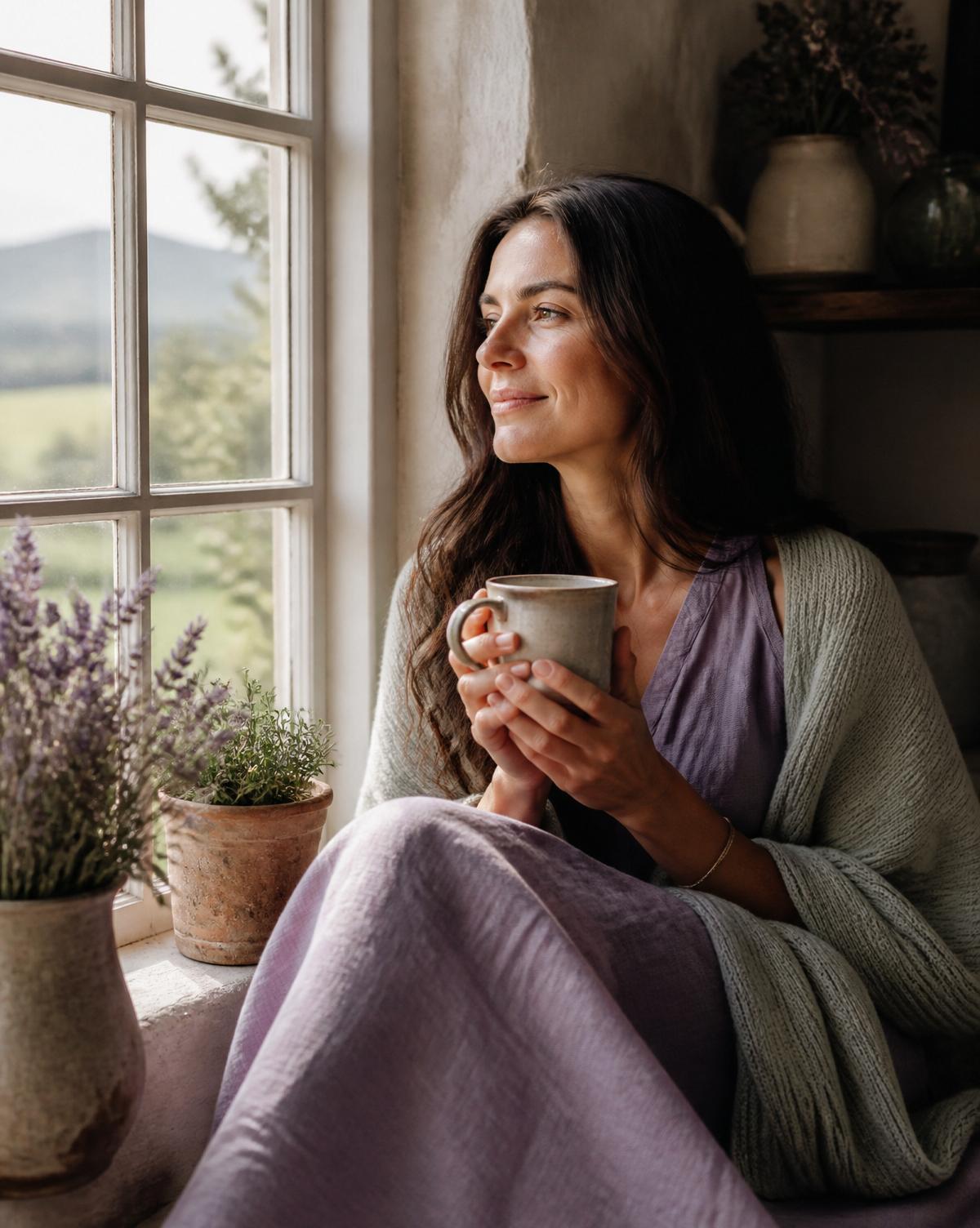 A woman sitting peacefully at a rural cottage window with a warm cup of tea